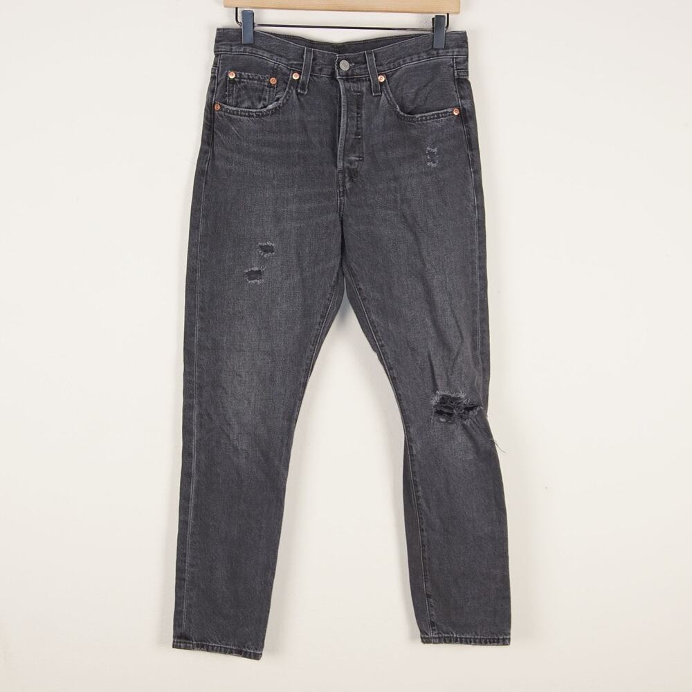 Levis Premium 501 S Button Fly Black Stick Wash Distressed Skinny Jeans Women 27